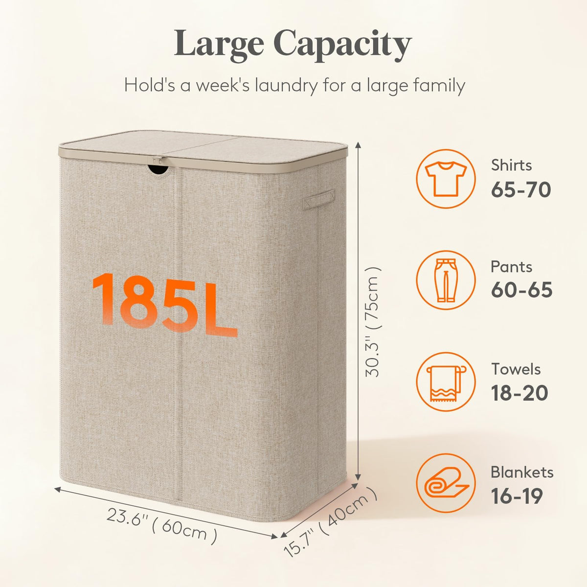 Lifewit 185L 3 Section Laundry Hamper with Lid, Laundry Basket, Beige