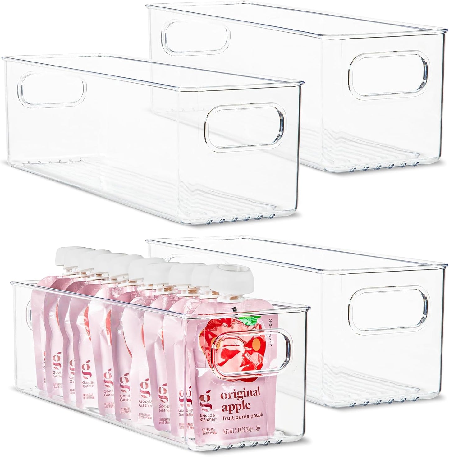Plastic Food Storage 4 Pack Clear Container Bin with Handles for Organizing Kitchen, Pantry