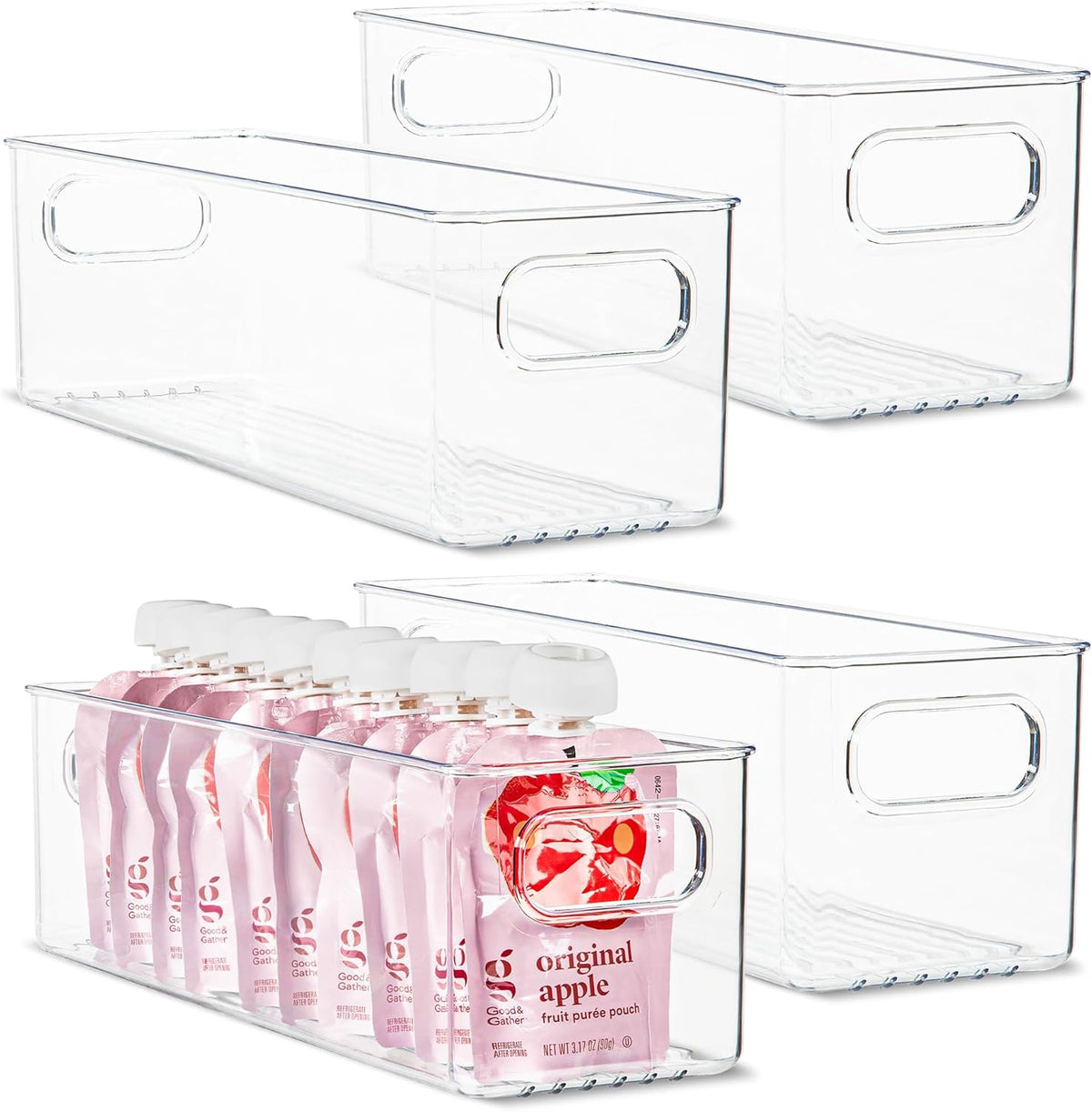 Plastic Food Storage 4 Pack Clear Container Bin with Handles for Organizing Kitchen, Pantry