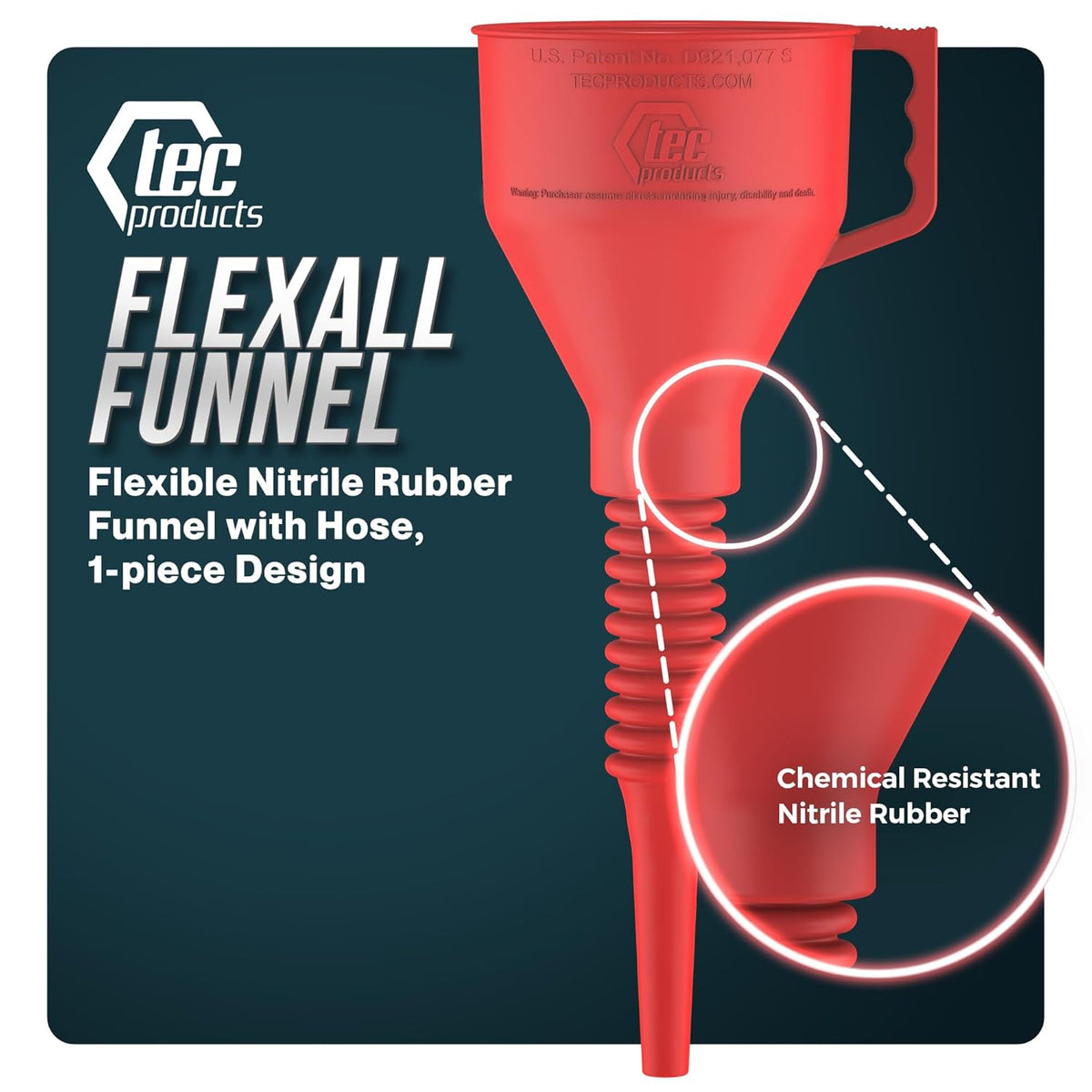 TEC Products FlexAll Long Flexible Funnel for Automotive Use - Durable Nitrile Rubber - Ideal for