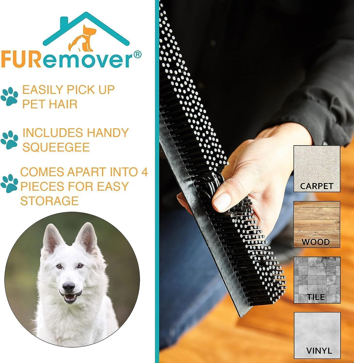 FURemover Sweep Pet Hair Rubber Broom with Carpet Rake and Squeegee, Ideal for Tile, Carpet and
