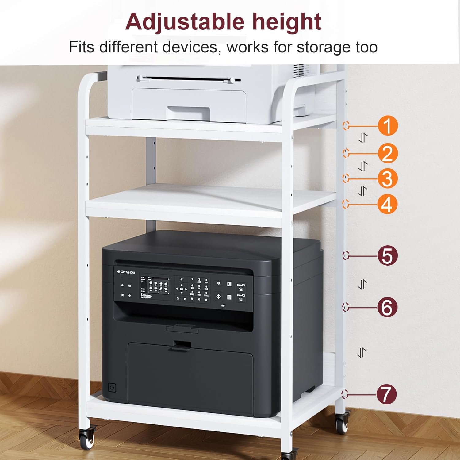 4 Tier White Printer Stand with Storage Shelf, Large Tall Printer Table for Home Office, Rolling