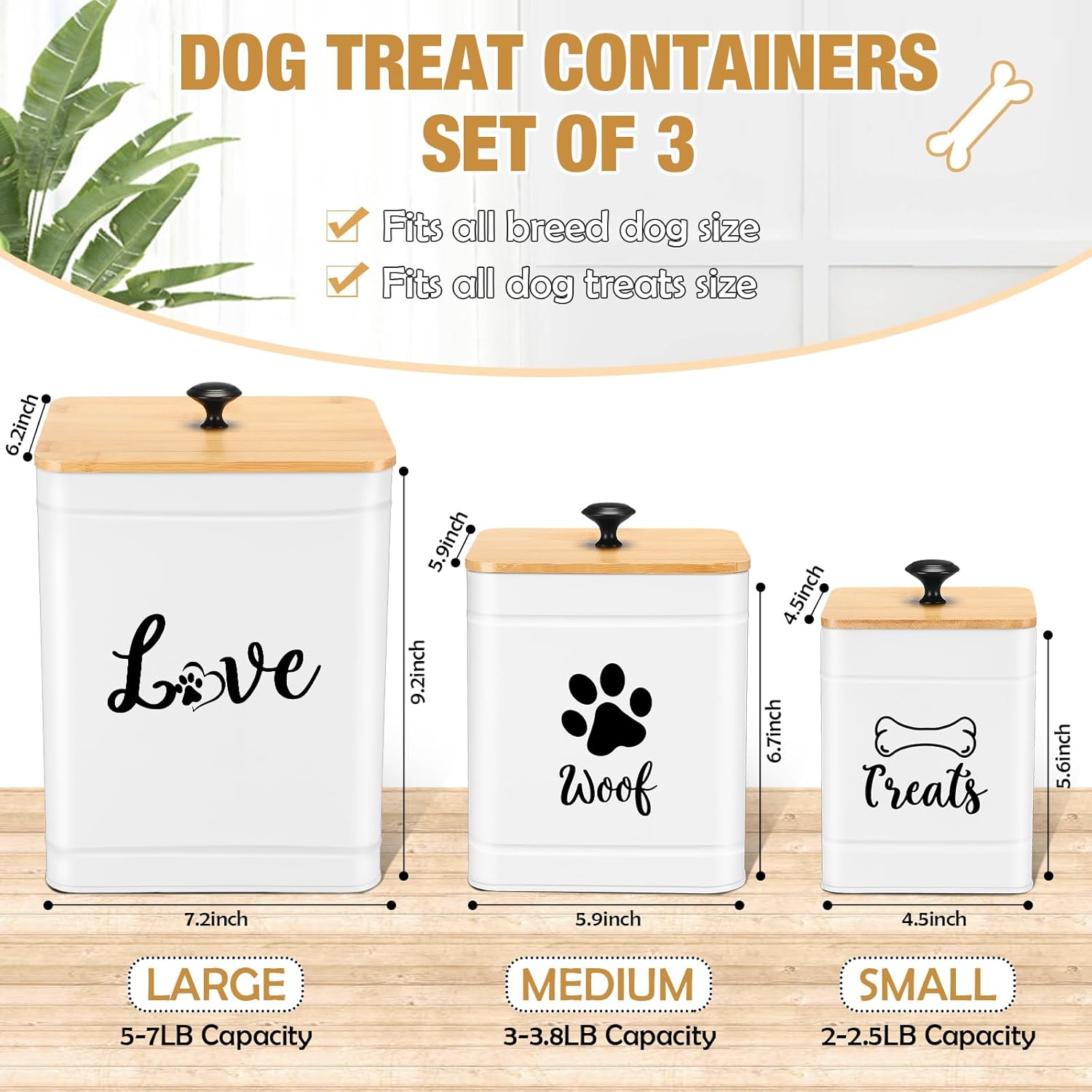 Metal Dog Treat Containers Set of 3 with Bamboo Lids and Spoon Airtight 7+3+2 lbs Dog Food Snack