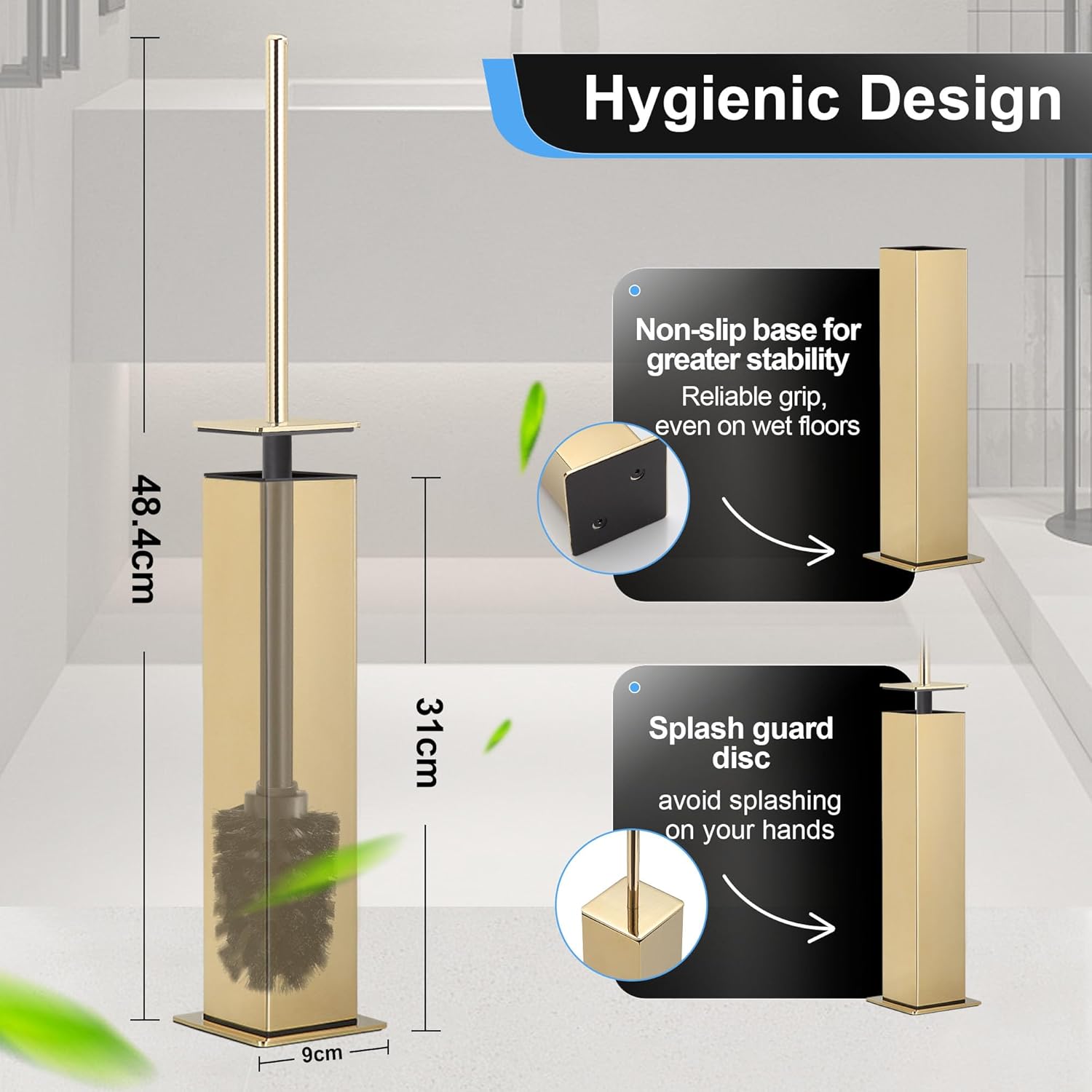 BVL Toilet Brush and Holder Set Gold Stainless Steel 304 Square Freestanding Toilet Brush for