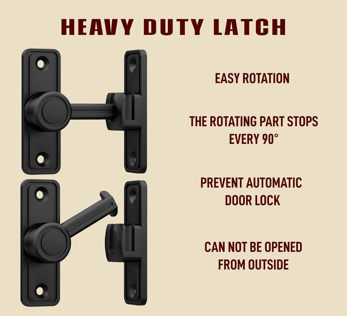 Barn Door Privacy Latch, 90°/180° Swing Slide Lock, Zinc-Alloy, Adhesive or Screw Mount, Interior
