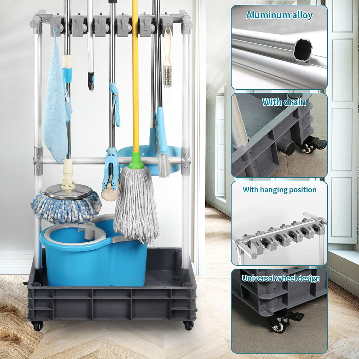 Broom And Mop Holder Put Wet Mops Movable Floor-Mounted Mop Rack Floor Standing Cleaning Tool Cart