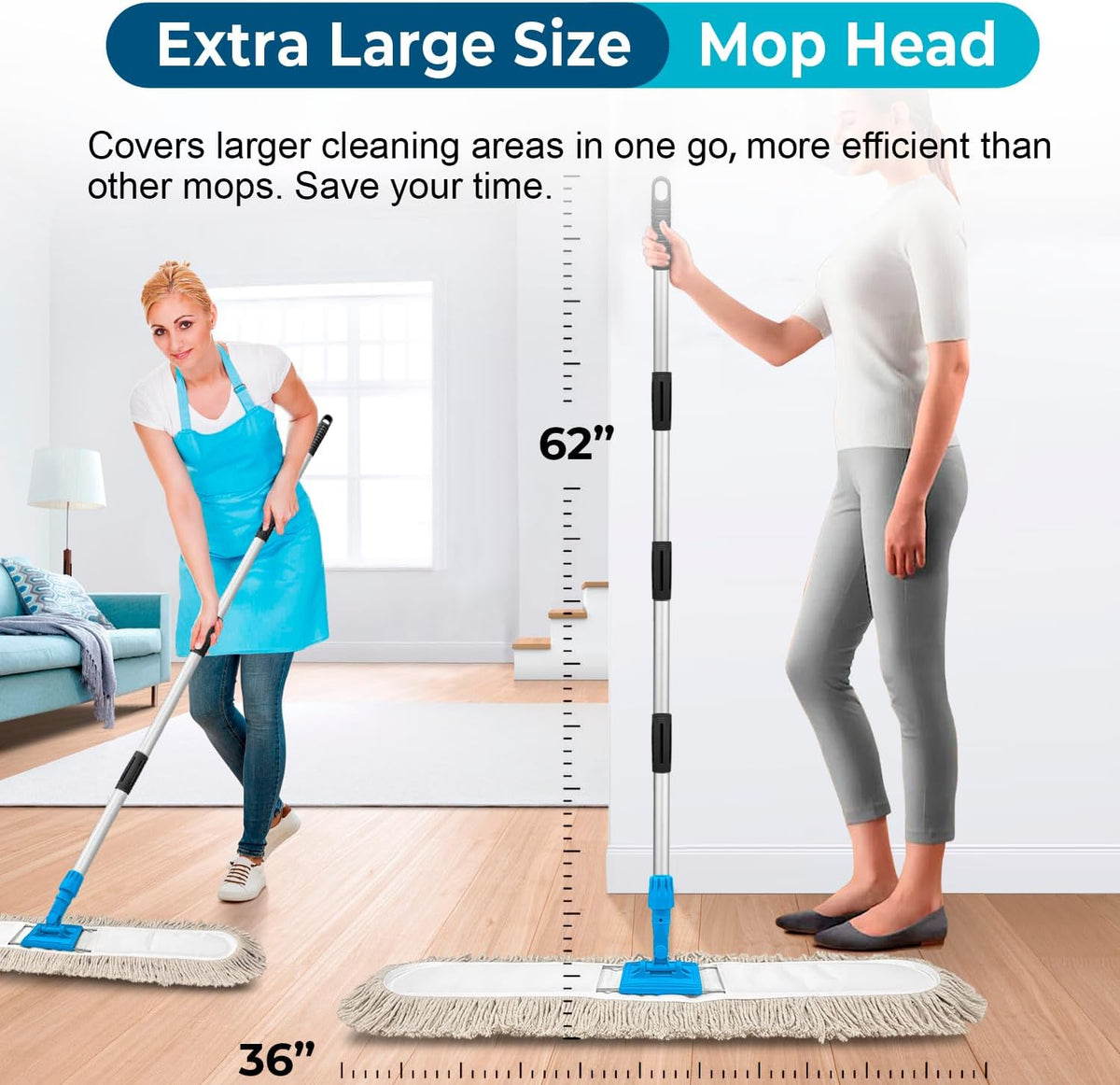 36” Commercial Dust Mop for Floor Cleaning, Industrial Dry Mop with Heavy Duty Long Handle, Large