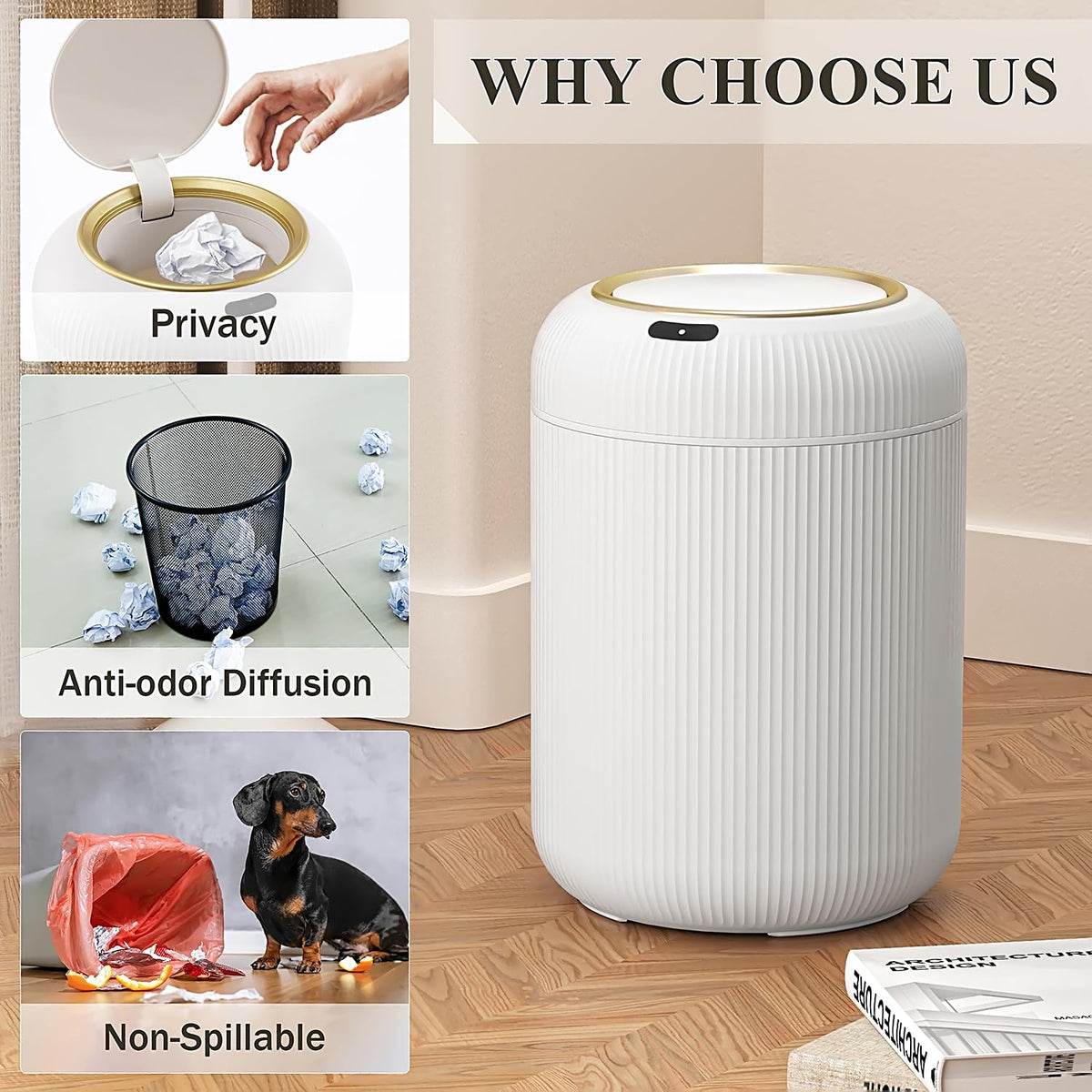 Automatic Motion Sensor Bathroom Trash Can with Lid, 3 Gallon Touchless Trash Bin, Smart Plastic