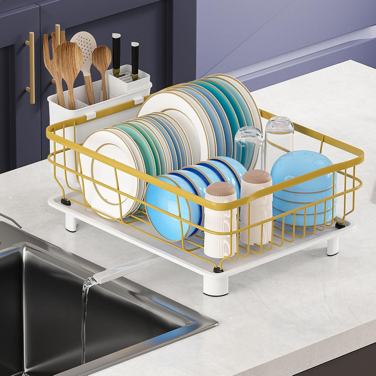 Iron Dish Drying Rack with Drainboard Dish Drainers for Kitchen Counter Extendable Spout Strainers