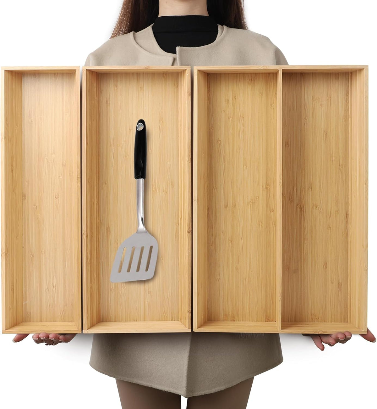 V-Shaped Bamboo Drawer Organizer Set of 3, Kitchen Large and Long Utensil Plate, Flatware &