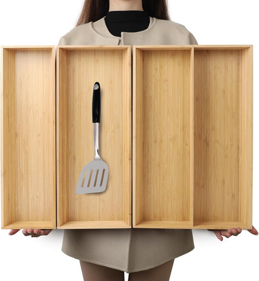 V-Shaped Bamboo Drawer Organizer Set of 3, Kitchen Large and Long Utensil Plate, Flatware &