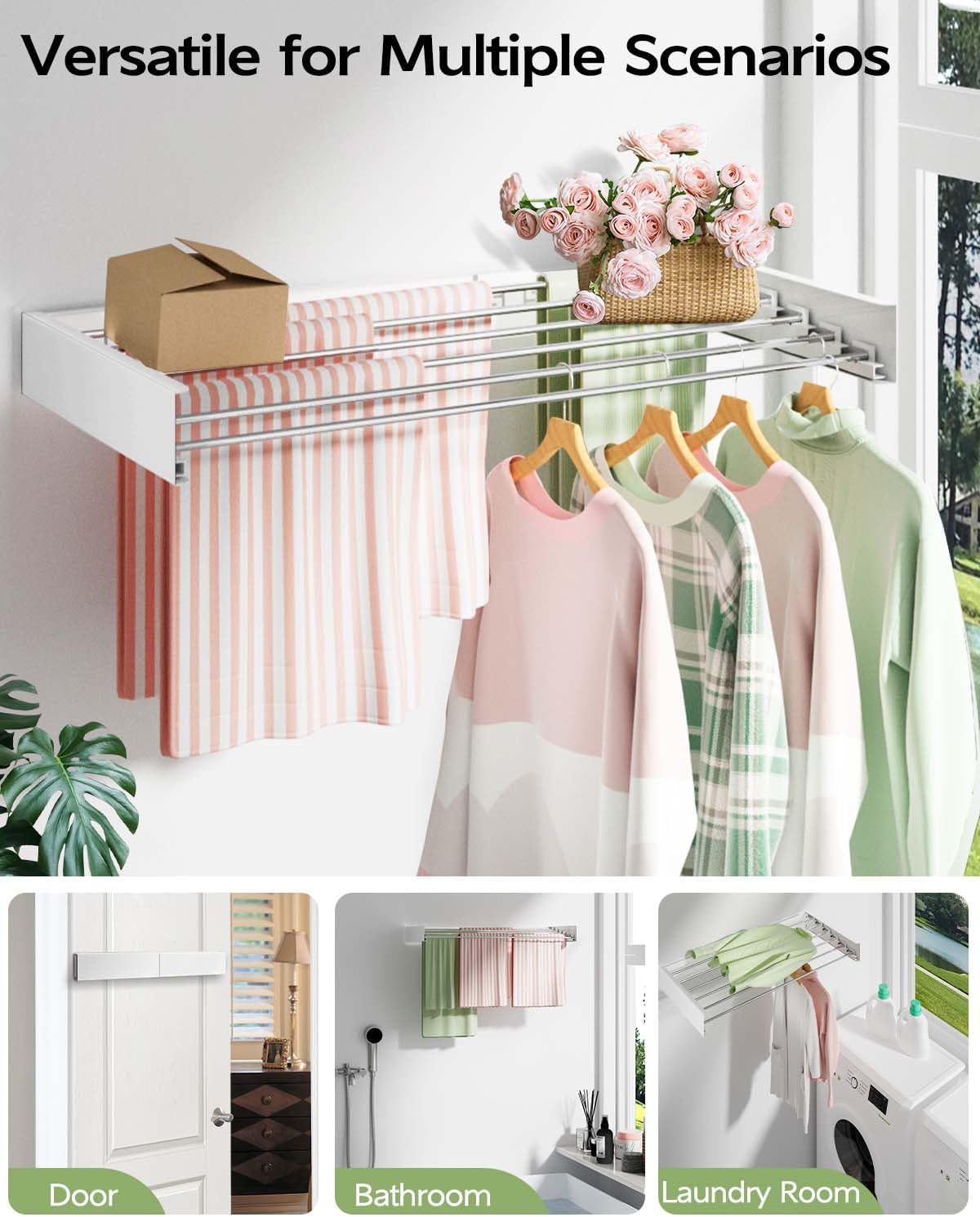 Wall Mounted Clothes Drying Rack 40 inches, Foldable Wall Mount Laundry Rack Folding Indoor, Drying