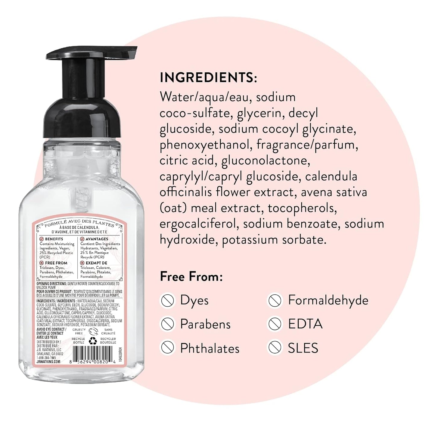 J.R. Watkins Foaming Hand Soap Pump with Dispenser, Moisturizing All Natural Hand Soap Foam