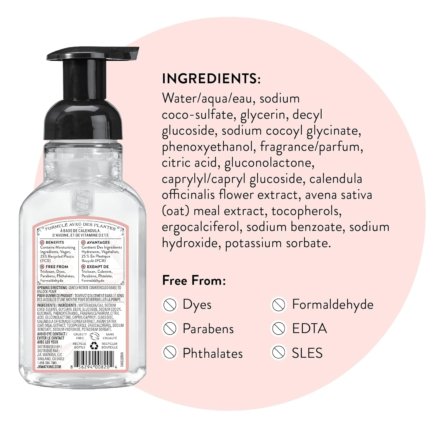 J.R. Watkins Foaming Hand Soap Pump with Dispenser, Moisturizing All Natural Hand Soap Foam