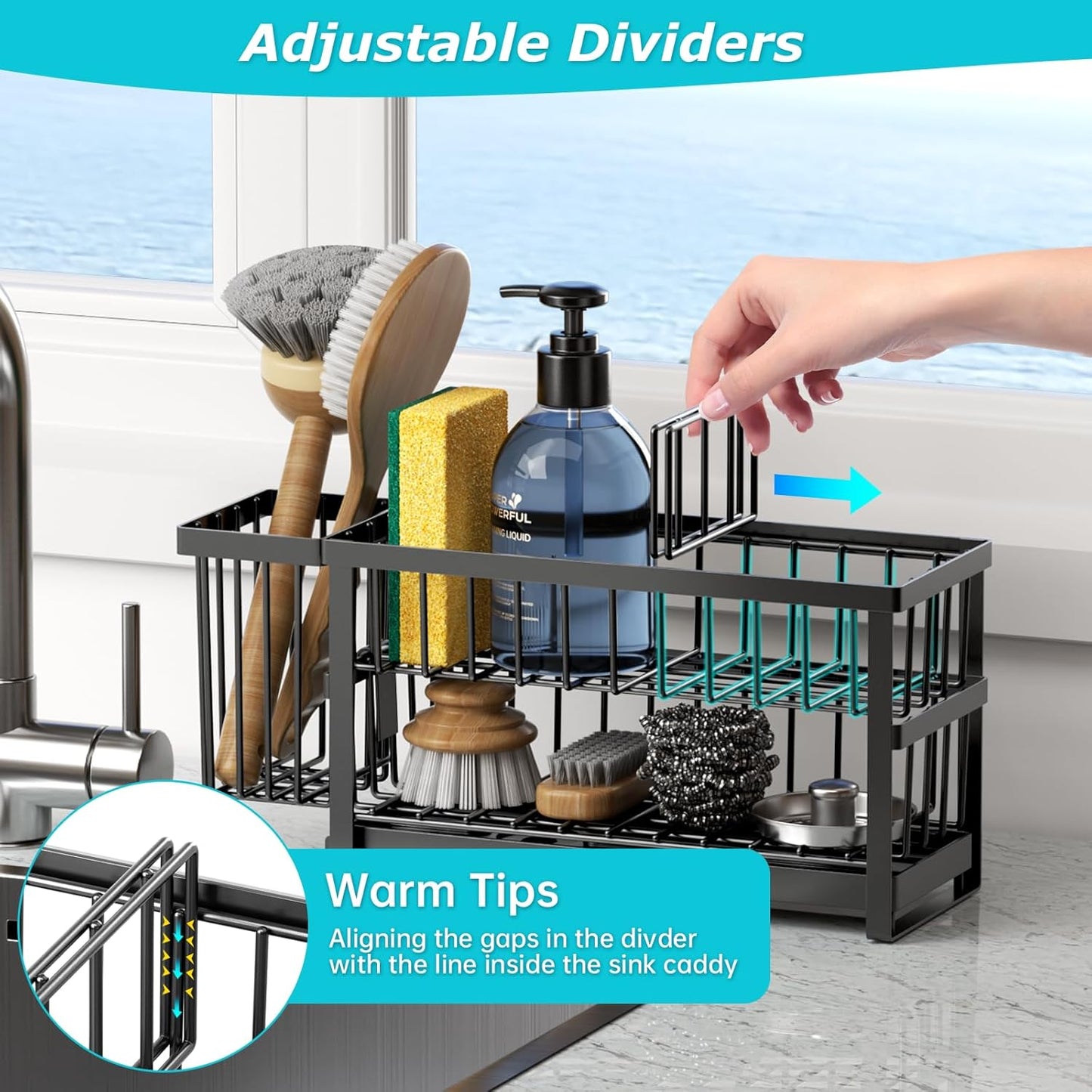 Sponge Holder for Kitchen Sink, 2 Tier Sink Caddy Organizer Countertop with Dish Brush Holder and