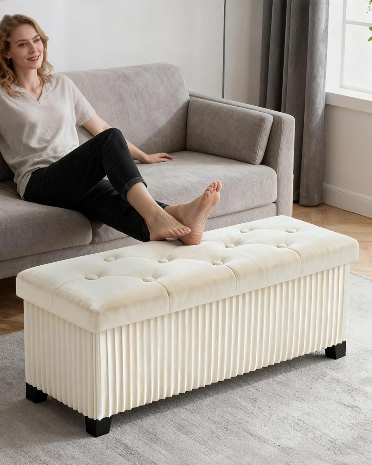 Storage Ottoman Bench, 43 Inch Foldable Ottoman with Legs, Velvet Foot Rest Stool, End of Bed