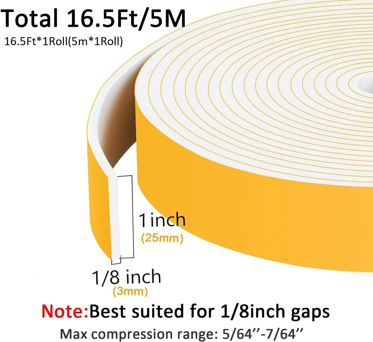 Weather Stripping Strong Adhesive 1 inch x 1/8 inch Weather Stripping Door Seal Closed Cell Foam