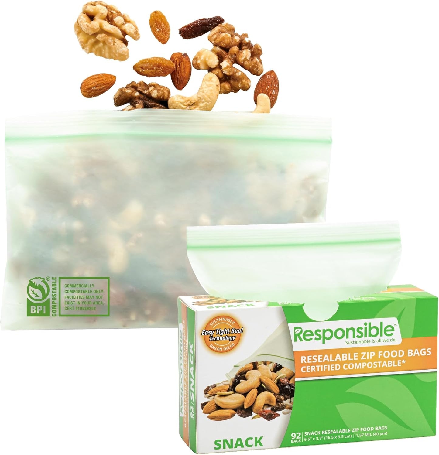 Responsible Products Certified Compostable SNACK Resealable Zip Bag, Extra Strength Food Bags