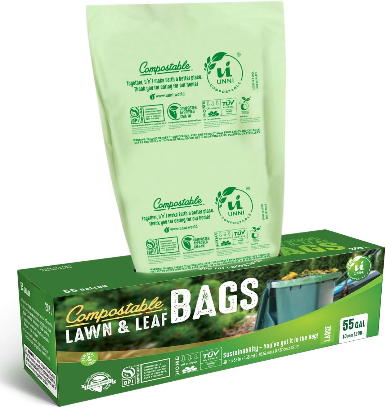 UNNI Compostable Trash Bags, 44-55 Gallon / 208 Liter, 10 Count, Extra Thick 1.38 mil Large Bin