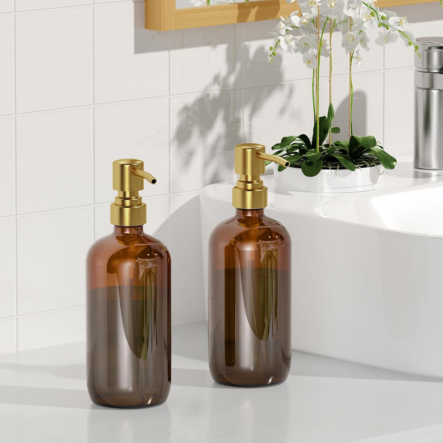 AmazerBath Amber Glass Soap Dispenser, 2 Pack Vintage Brown Bottle with Stainless Steel Pump,17 Oz