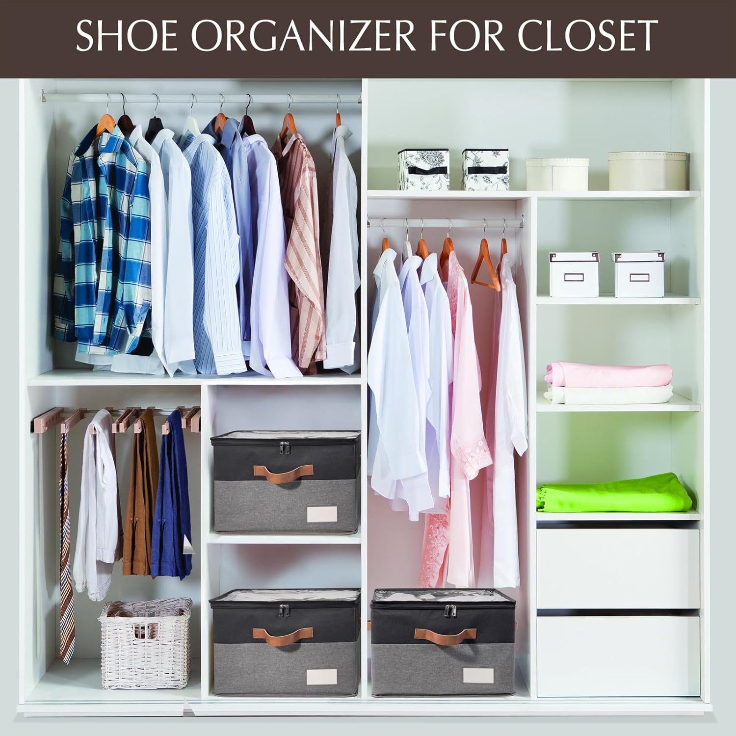 2 Pack Shoe Organizer for Closet, Adjustable Shoe Box Storage Containers, Large Foldable Shoe Bins