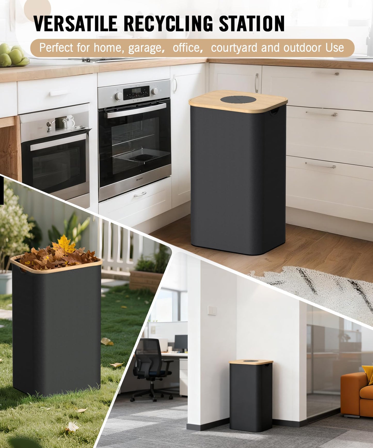 26 Gallon (100L) Recycling Bins for Kitchen with Bamboo lid, Black