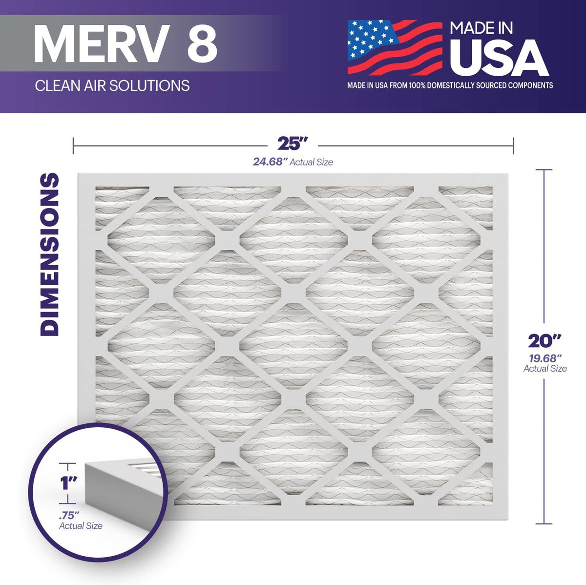 BNX TruFilter 20x25x1 Air Filter MERV 8 (6-Pack) - MADE IN USA – Dust & Pet Defense Electrostatic