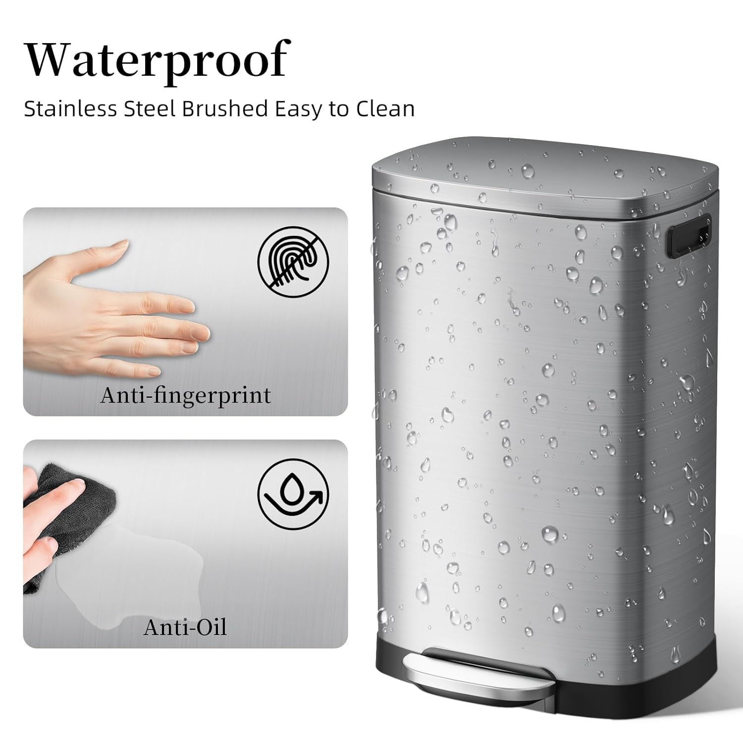13 Gallon Trash Can with Lid, 50L Fingerprint Proof Stainless Steel Kitchen Trash Can with