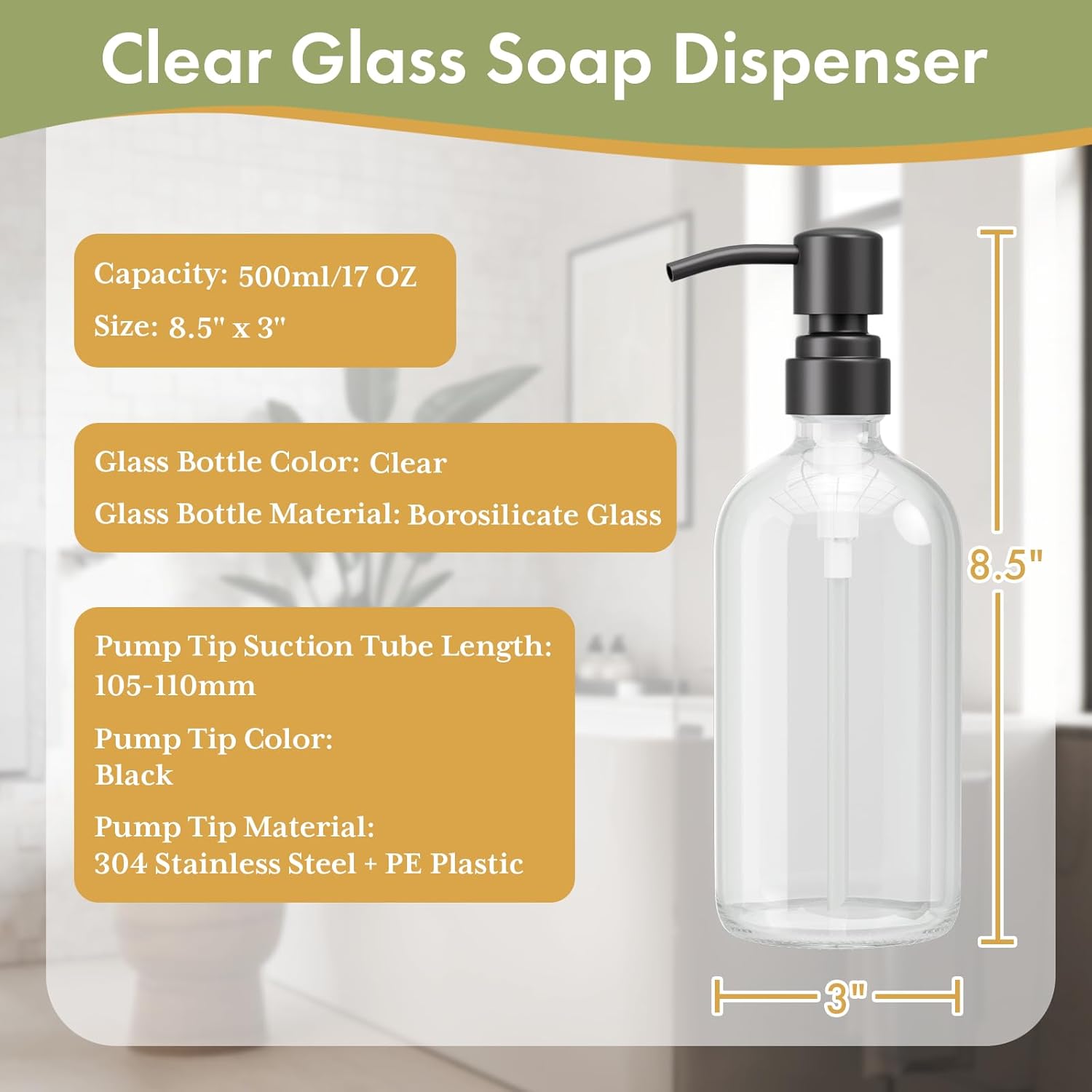 AmazerBath Soap Dispenser, 2 Pack Glass Soap Dispenser with Stainless Steel Pump, 17 Oz Bathroom