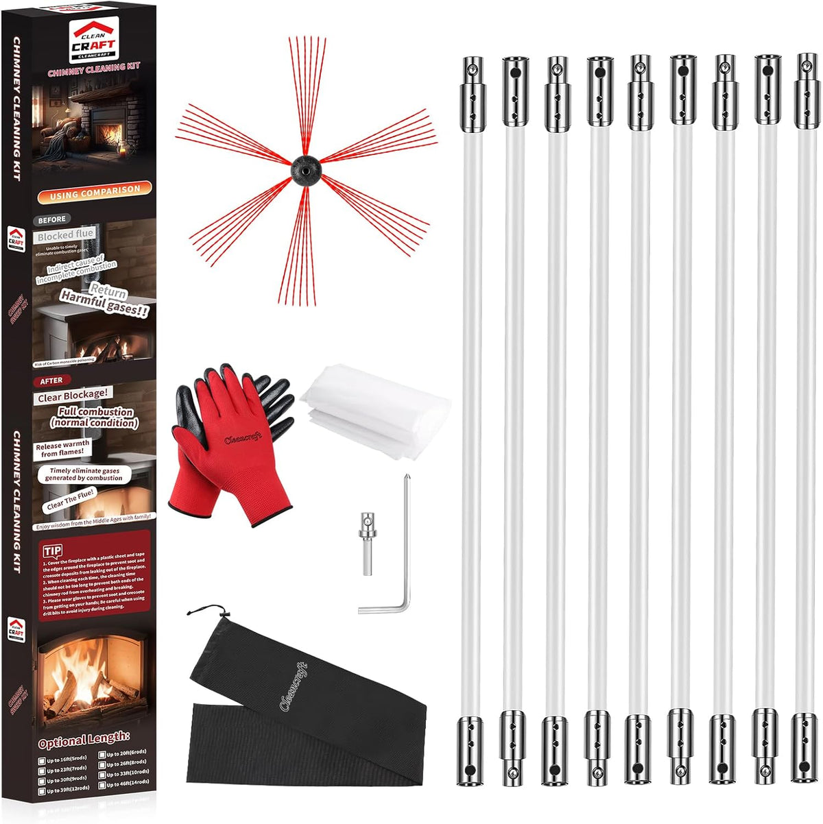 30 Feet Chimney Sweep Kit, Chimney Cleaning Kit with 9 Flexible White Chimney Rods, Chimney Brush