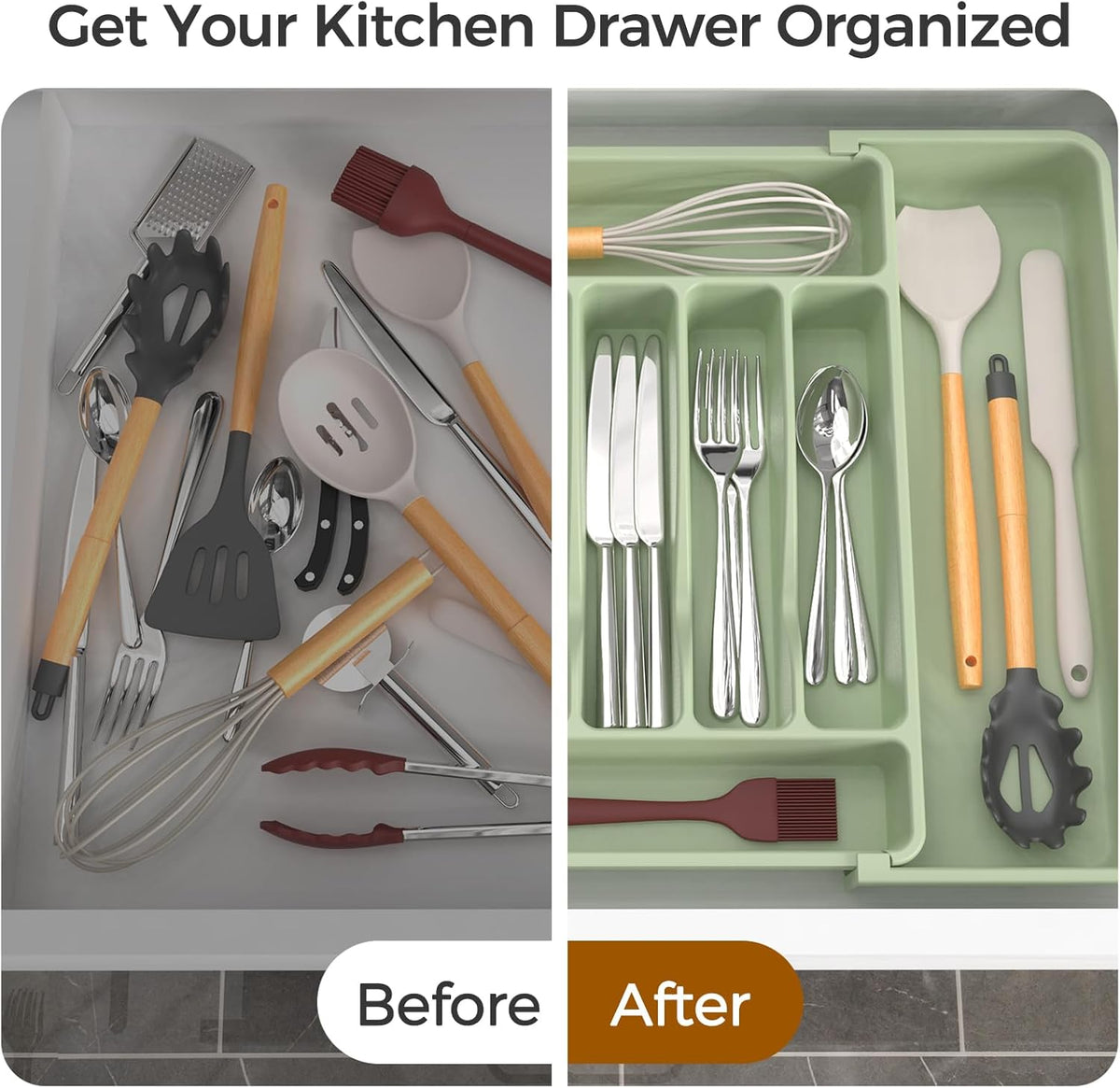 Extra Large Expandable Silverware Organizer, BPA-Free Food-Safe Cutlery Flatware Organizer, Kitchen