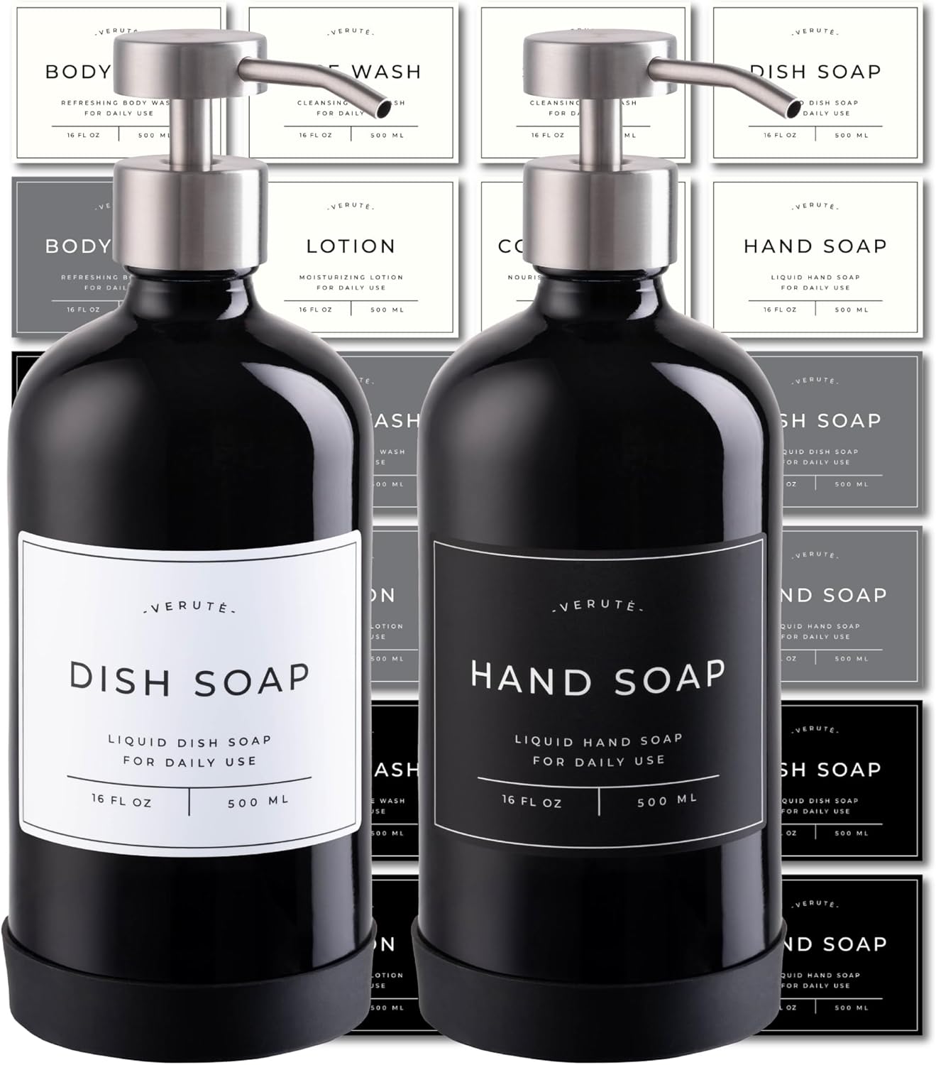 16oz Glass Soap Dispenser with Stainless Steel Pump, 21 Waterproof Labels, Non-Slip Protective