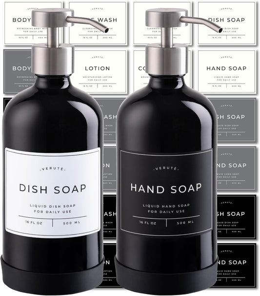 16oz Glass Soap Dispenser with Stainless Steel Pump, 21 Waterproof Labels, Non-Slip Protective