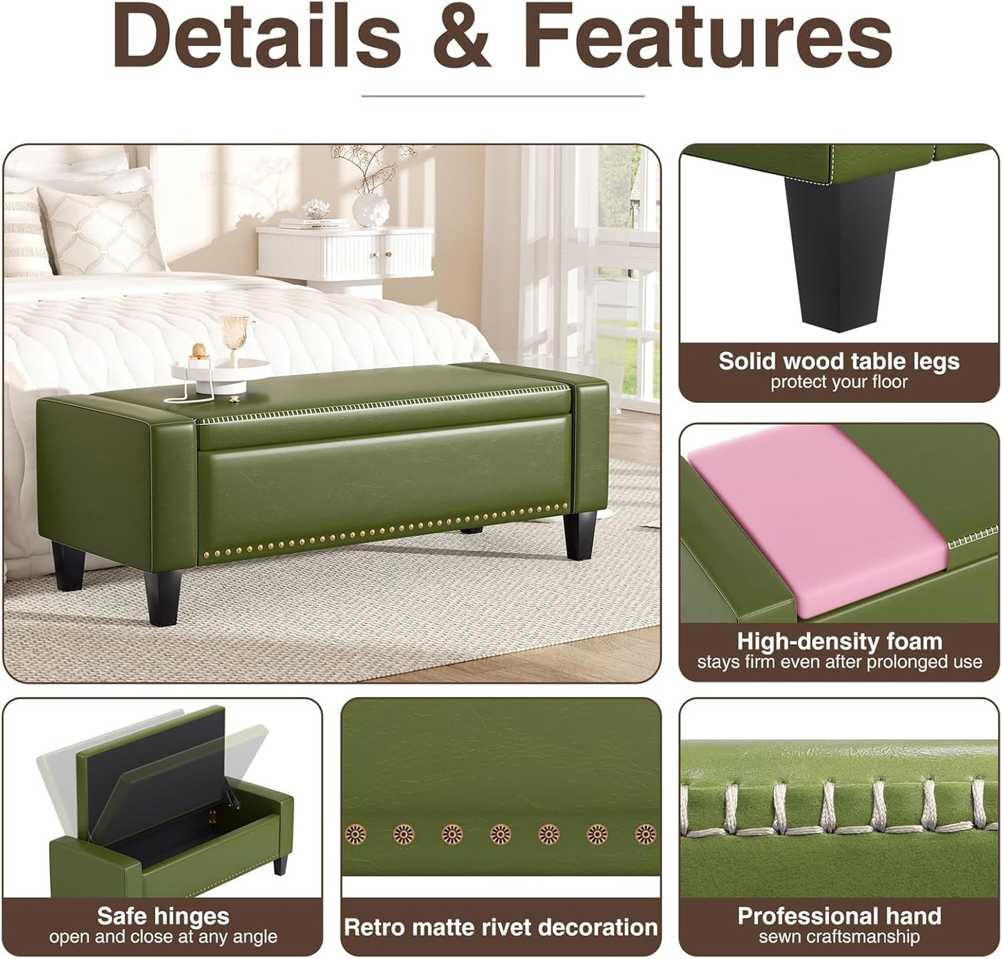 48.8" Storage Ottoman Bench Green | Faux Leather Bedroom Bench with Lift Top for Living Room & Bed