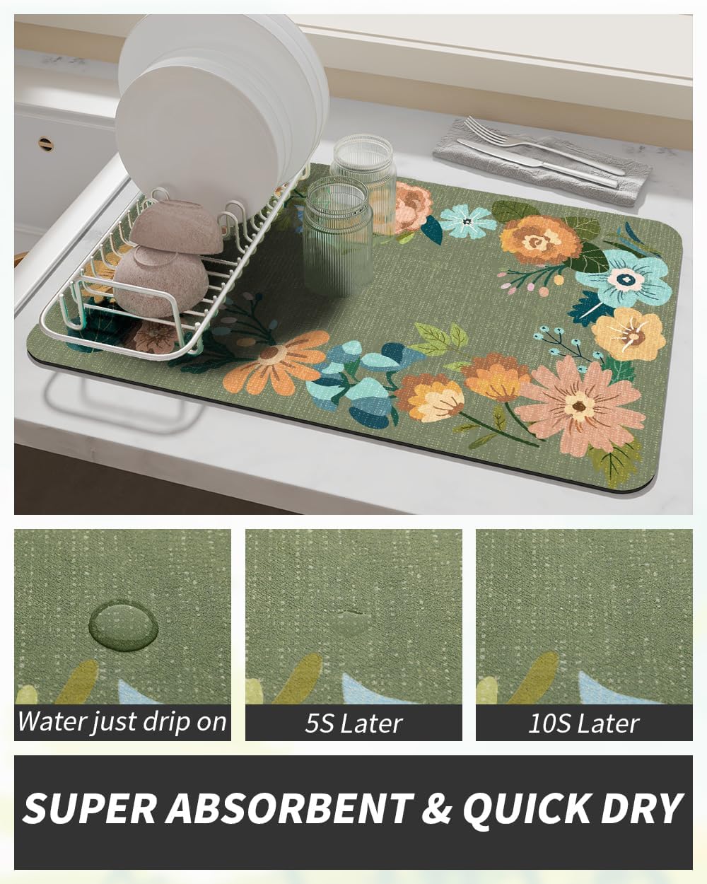 AMOAMI Coffee Mat Hide Stain Rubber Backed Absorbent Dish Drying Mat for Kitchen Counter - Fits