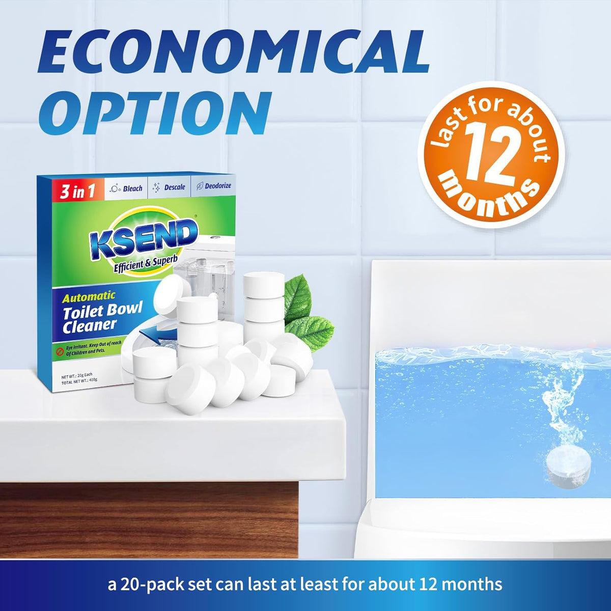 Toilet Bowl Cleaner Tablets - 40 PCS Automatic Bleach Toilet Cleaner Tablets, Slow-Releasing