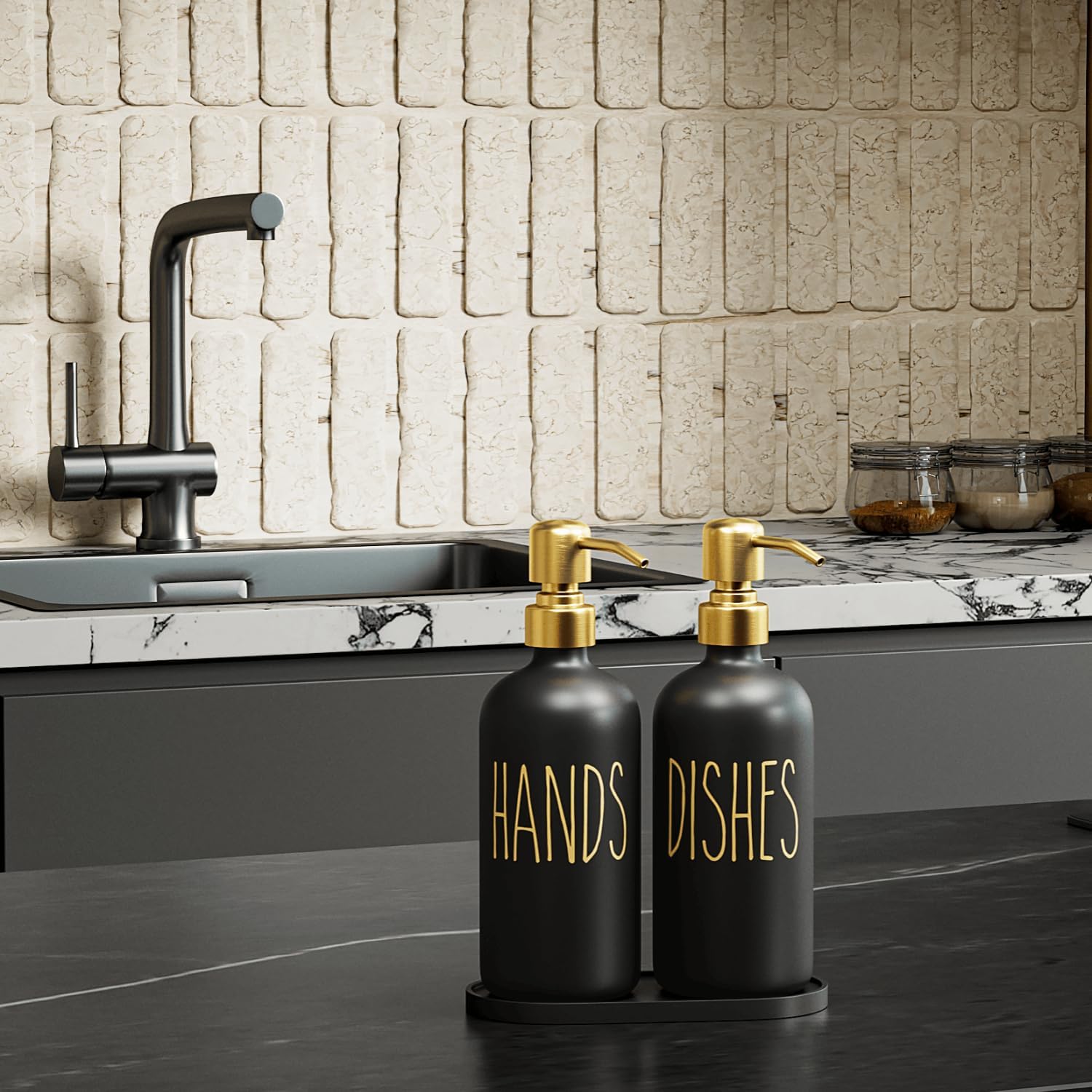 MOMEEMO Kitchen Soap Dispenser Set, Contains Hand and Dish Soap Dispenser, Suitable for Black and