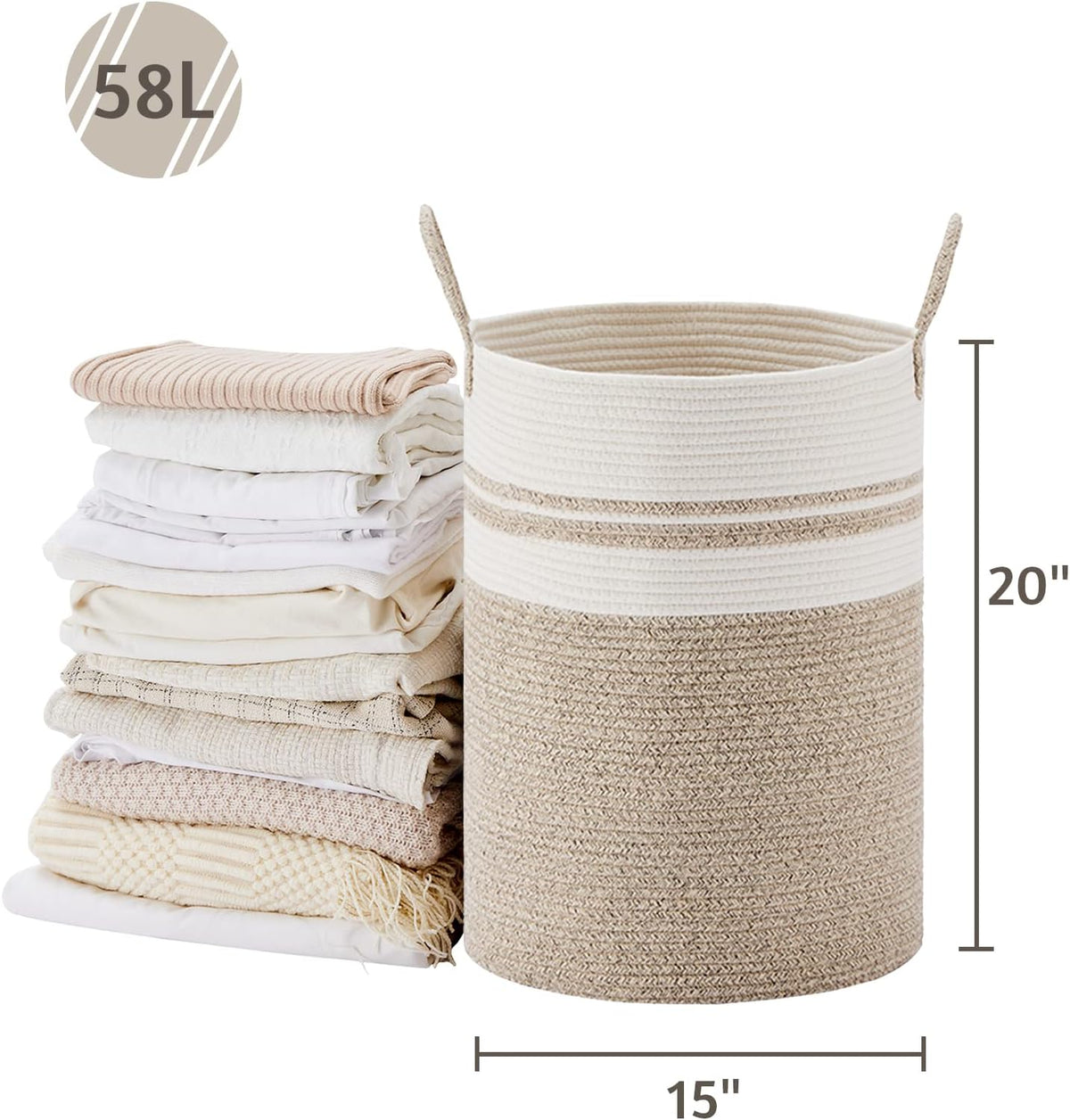VIPOSCO Large Laundry Hamper, Tall Woven Rope Storage Basket for Blanket, Toys, Dirty Clothes in