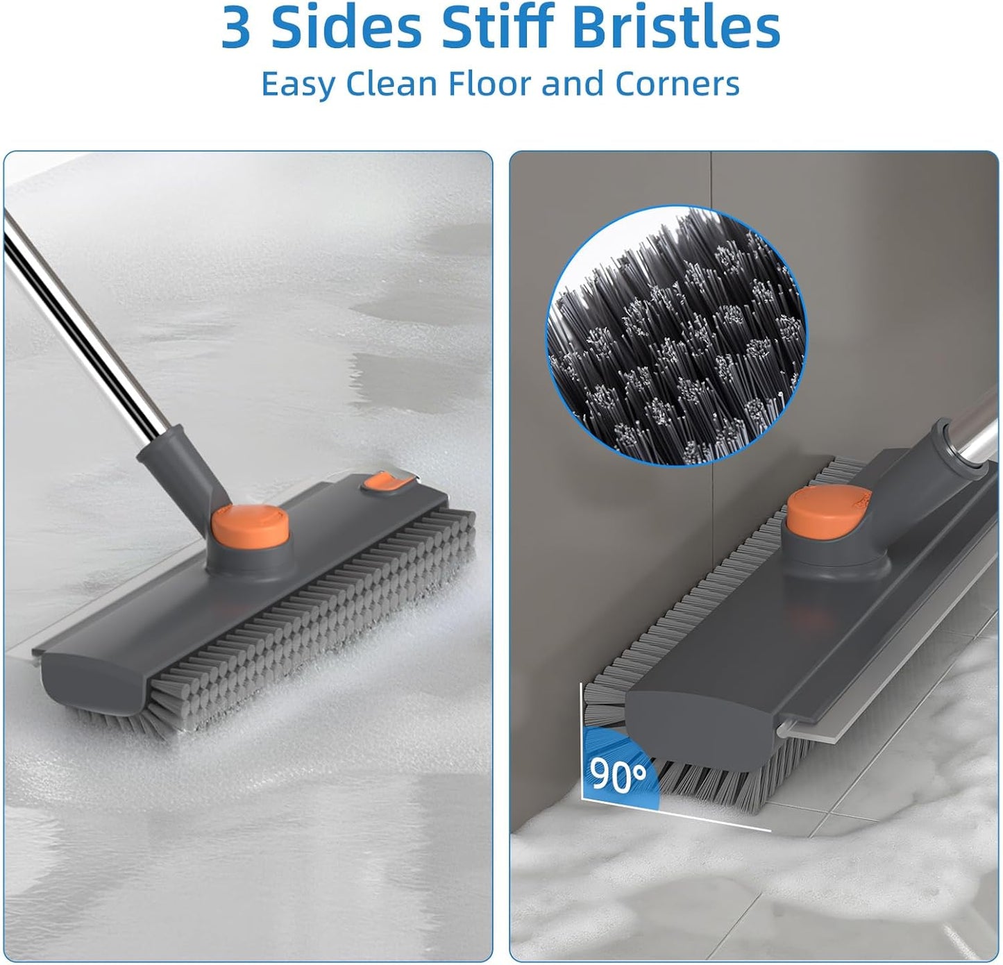 Scrub Brush with Long Handle, Floor Scrub Brush Squeegee Broom for Cleaning, 3 in 1 Shower Scrubber
