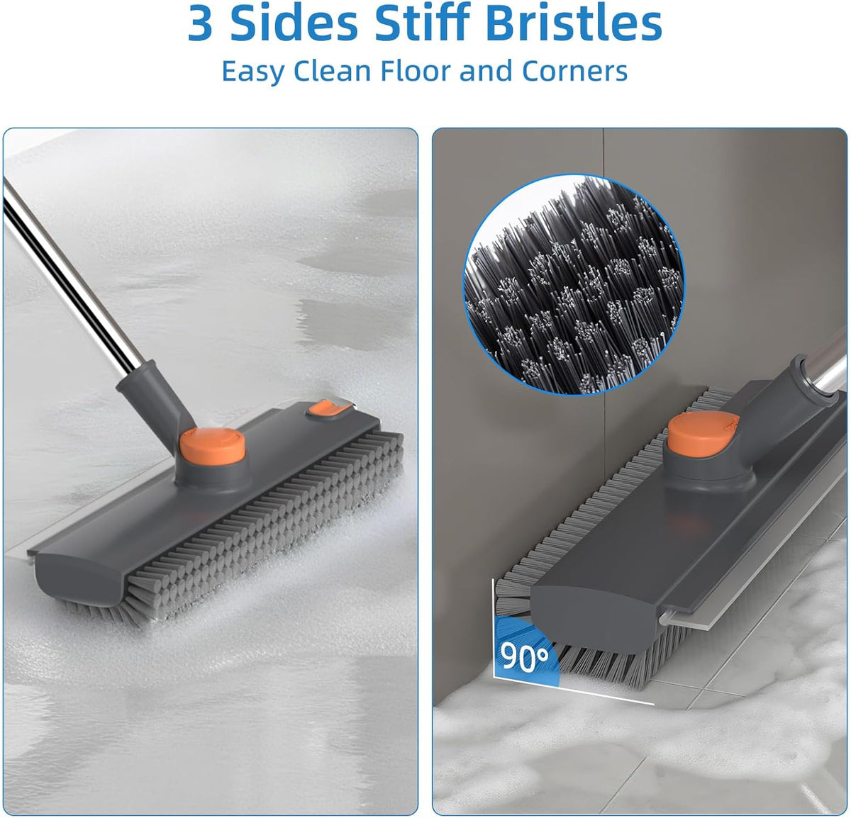 Scrub Brush with Long Handle, Floor Scrub Brush Squeegee Broom for Cleaning, 3 in 1 Shower Scrubber
