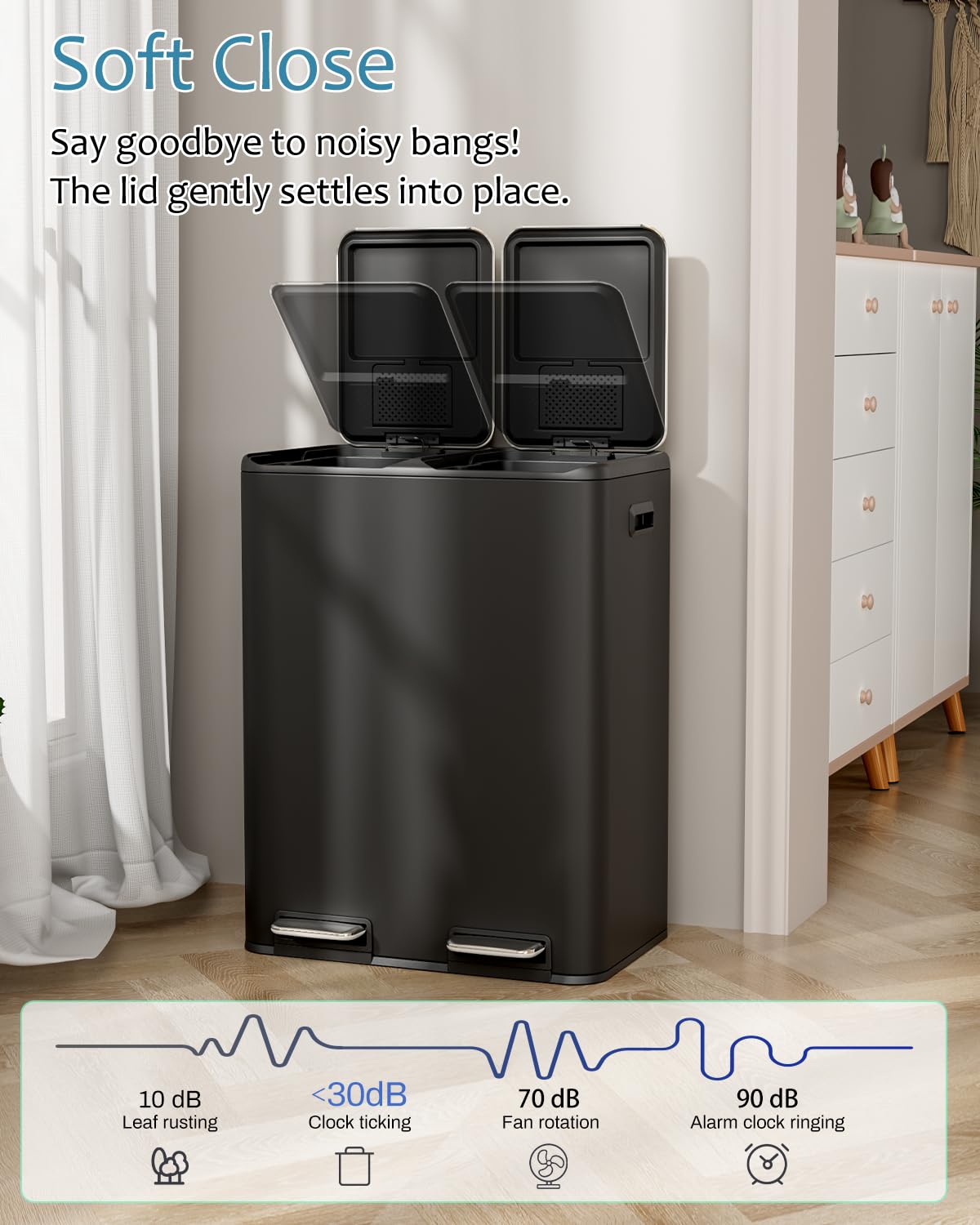 16 Gal (2 x 30 L) Dual Trash Can, Stainless Steel Kitchen Garbage Bin, Recycle Dustbin with Odor