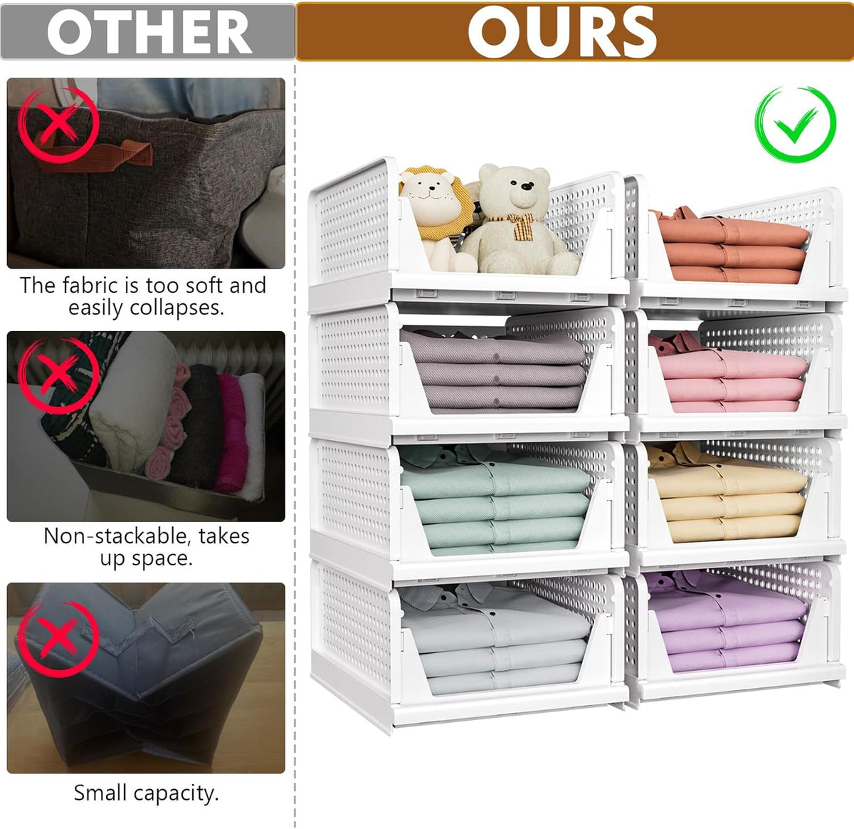 SNSLXH 5 Pack Stackable Closet Organizer Box, Multifunctional & Foldable Closet Storage Basket for