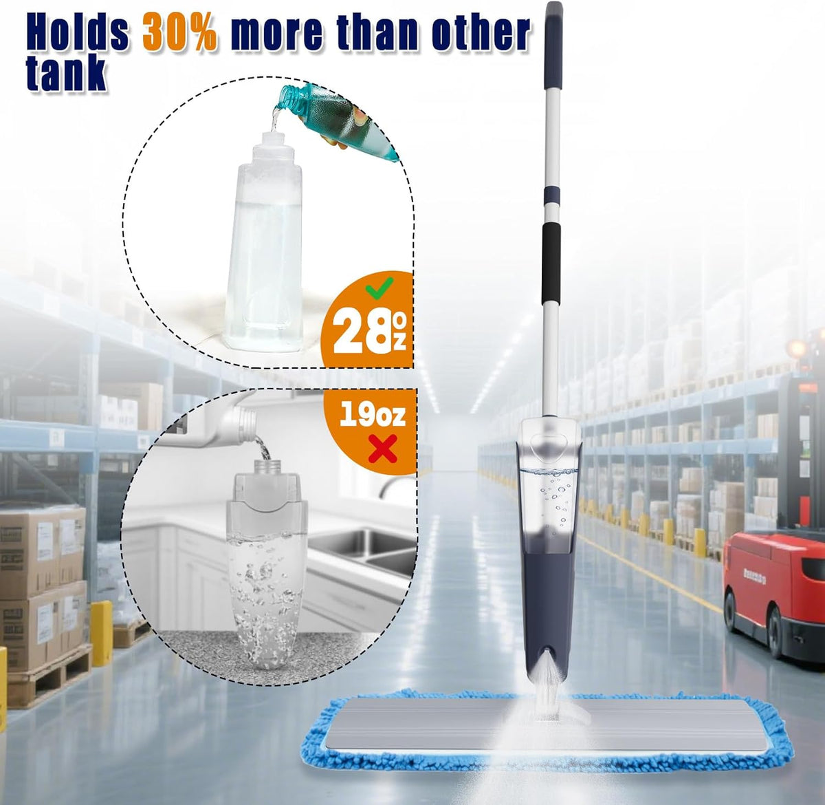 24" Microfiber mop for Floor Cleaning System, Commercial Heavy-Duty Wet Dry mops with Spray Mode