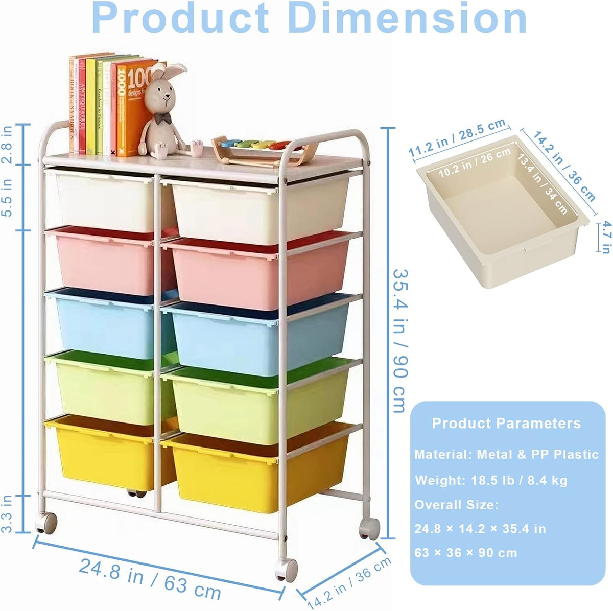 10 Drawers Rolling Storage Cart, Plastic Drawer Cart with Metal Frame, Multipurpose Art Craft Cart