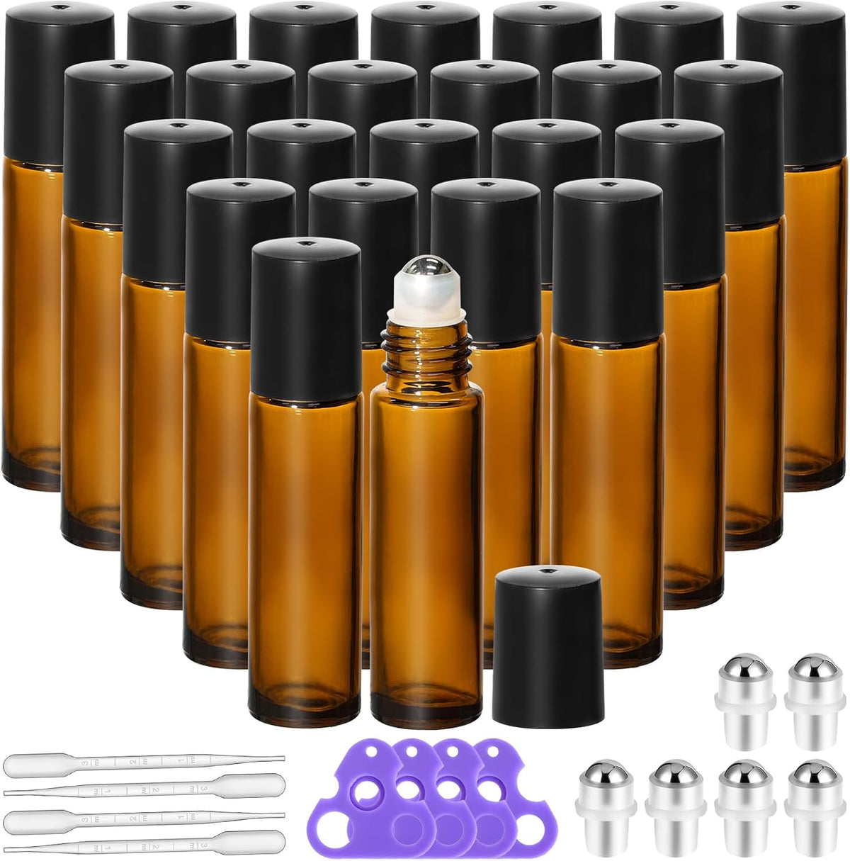 KEYWING 10ml Amber Roller Rottles for Essential Oils - 24PCS Glass Roll on Bottles with Black Caps