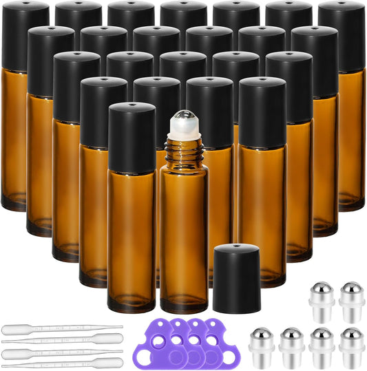 KEYWING 10ml Amber Roller Rottles for Essential Oils - 24PCS Glass Roll on Bottles with Black Caps