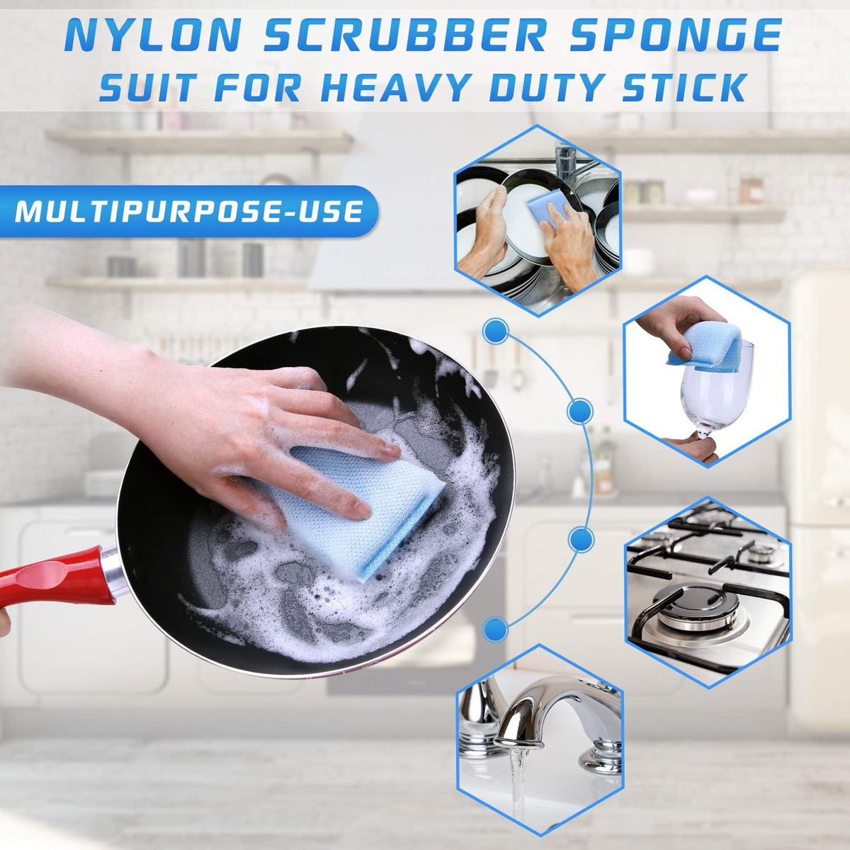 Nylon Cleaning Scrub Pad 12 Pack,Long-Lasting and Reusable Dishwashing Sponge,All-Purpose Scouring