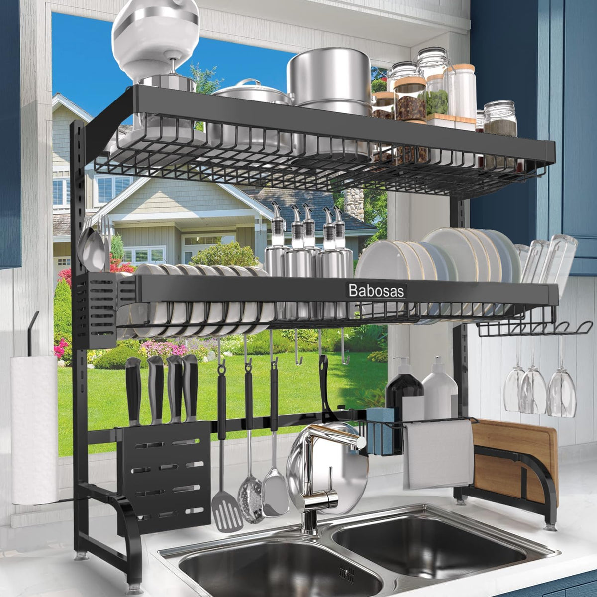 Over The Sink Dish Drying Rack,3 Tier Adjustable Length (25.5'' to 37.4'') Full Stainless Steel