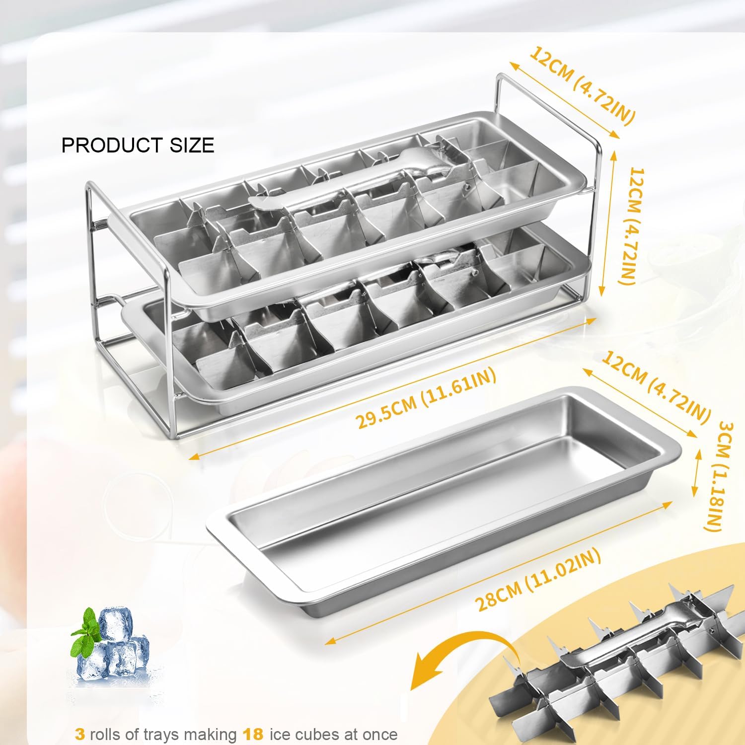 Stainless Steel Ice Cube Tray 2 Pack, 36 Large Cube Slots. Plastic Free Eco Friendly Freezer Mold