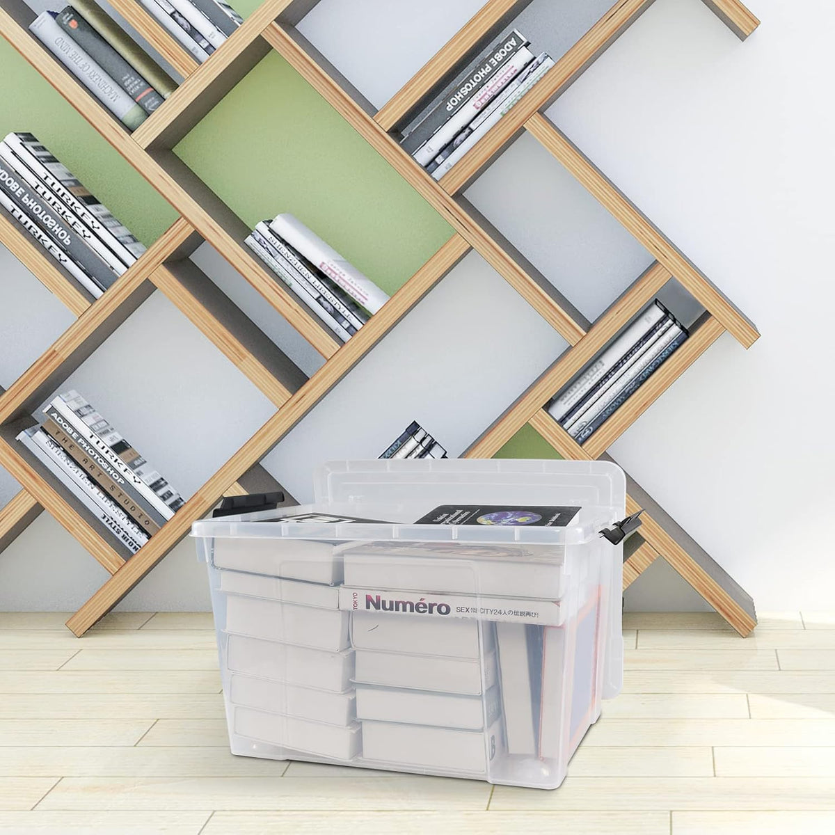 4 Pack Clear Storage Latch Bin with Lid, 34 L Plastic Wheeled Storage Box